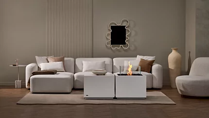 EcoSmart Fire Sidecar 24 Fire Table brings clean-burning ethanol warmth to a private residence living room, serving as a sleek graphite concrete centrepiece.